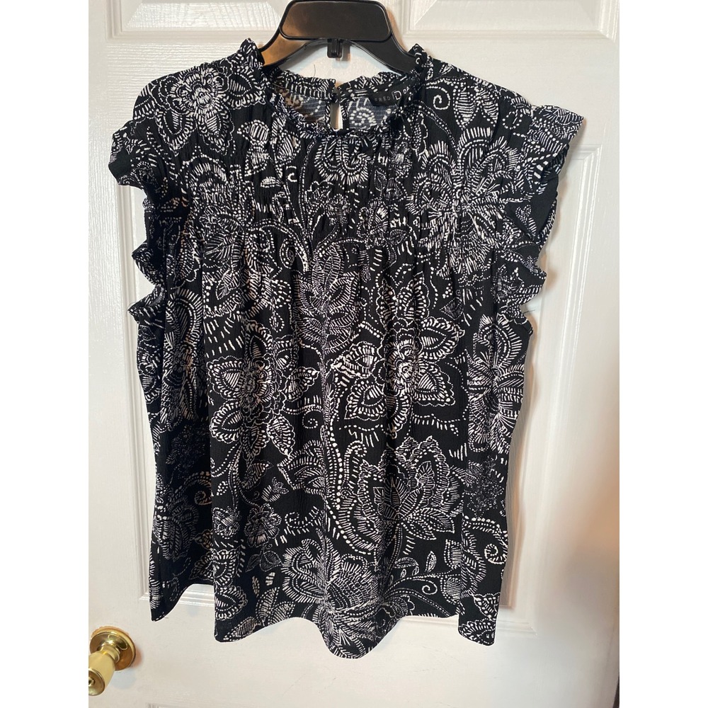 Fred David Black White Paisley Floral Smocked Ruffle Cap Sleeve Blouse 3X Plus